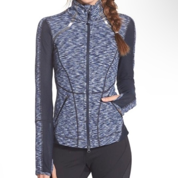 Zell Multi Blue Semi Sheer Zip Up Fitted Thumbhole Light weight Athletic Jacket - Picture 1 of 16